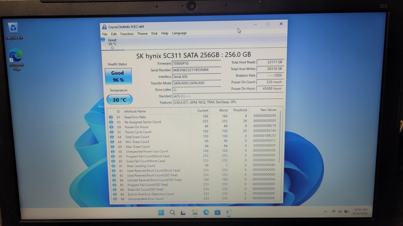 HP 355 G2 laptop displaying CrystalDiskInfo with an SK hynix 256GB SATA SSD reporting 96 percent health.