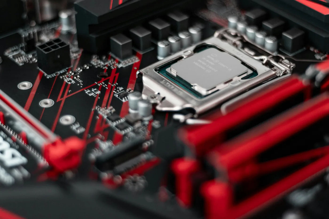 Close view of a computer processor installed on a motherboard